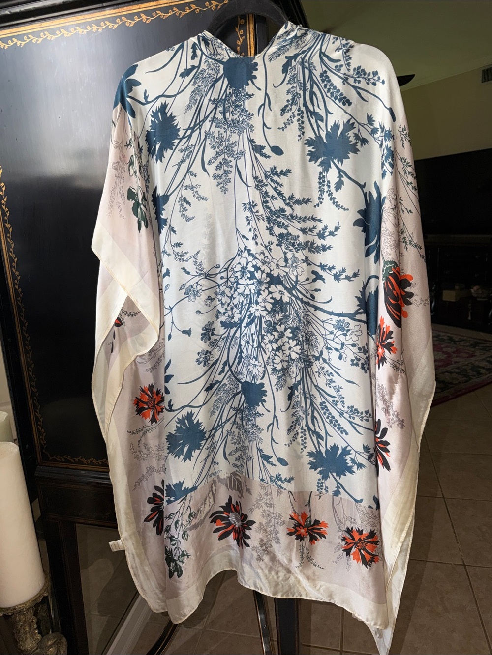 Sheer Kimono Cover-Up in Cream, Navy & Orange exquisite washable lightweight - Picture 7 of 17